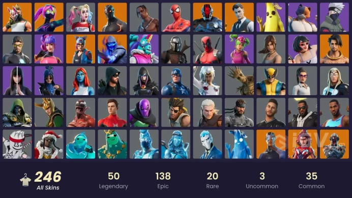 246 skins | Travis Scott | Naruto Uzumaki | Omega | Snowflake | Gold Meowscles | Gold Midas | Gold Brutus | Point Patroller | Spire Assassin