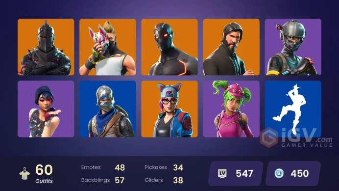 60 skins | Black Knight | The Reaper | Elite Agent | Take The L | Floss | Blue Squire | Royale Knight | Omega | Ride The Pony | Snowflake