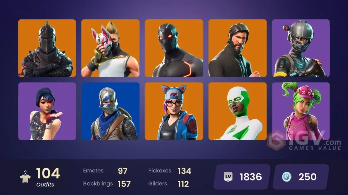 104 skins | Black Knight | The Reaper | Elite Agent | Take The L | Floss | Blue Squire | Royale Knight | Omega | Reaper | Candy Axe