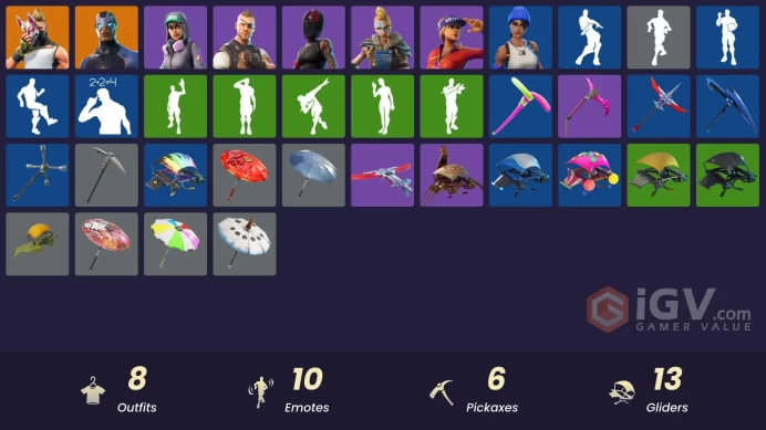 8 skins | Blue Team Leader | Drift | Carbide | Huntress | Battlehawk | Teknique | Redline | Sun Strider | Rust Bucket | Uplink | Fabled Cape