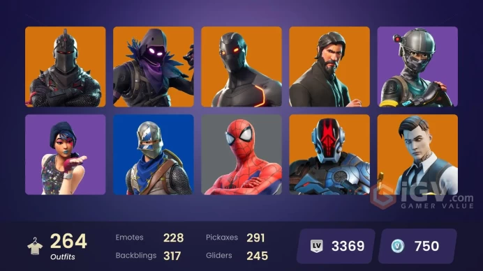 264 skins | Black Knight | The Reaper | Elite Agent | Naruto Uzumaki | Take The L | Floss | Blue Squire | Royale Knight | Omega | Reaper
