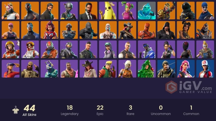 44 skins | The Reaper | Elite Agent | Take The L | Omega | Ride The Pony | Snowflake | Rogue Agent | Blue Striker | Valor | Ruin | Dark Voyager
