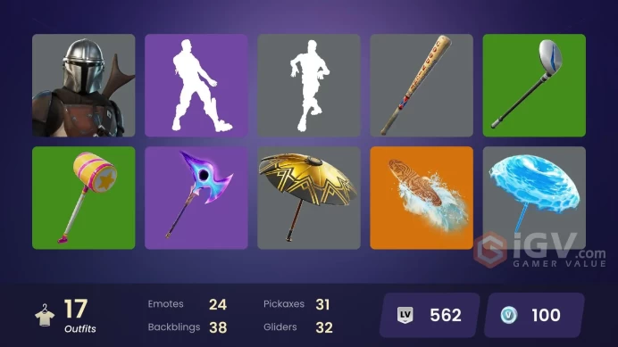 | PC/PSN/XBOX | 17 SKINS | Mandalorian | Predator | Mancake | Lexa | Ruby Shadows | Kondor | Lt. Evergreen | Mave | Reese | 100 VBUCKS | FjBLa |