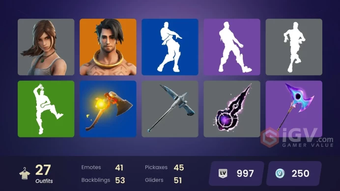 | PC/PSN/XBOX | 27 SKINS | Kymera | The Origin | The Imagined | Joey | Raz | Prowler | Rick Sanchez | Erisa | Kiara K.O. | 250 VBUCKS | FioUg |