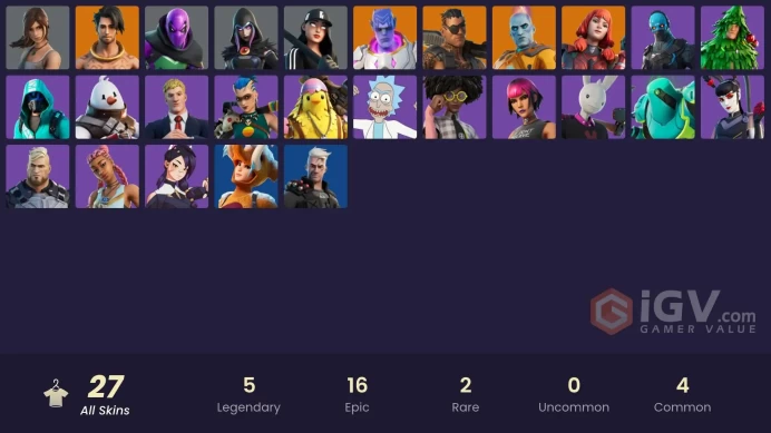 | PC/PSN/XBOX | 27 SKINS | Kymera | The Origin | The Imagined | Joey | Raz | Prowler | Rick Sanchez | Erisa | Kiara K.O. | 250 VBUCKS | FioUg |