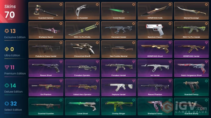 [NA] 70 SKINS | 7KNIVES | Guardrail Hammer lon Karambit RGX 11z Pro Firefly Shellspire Sword XEROFANG Knife