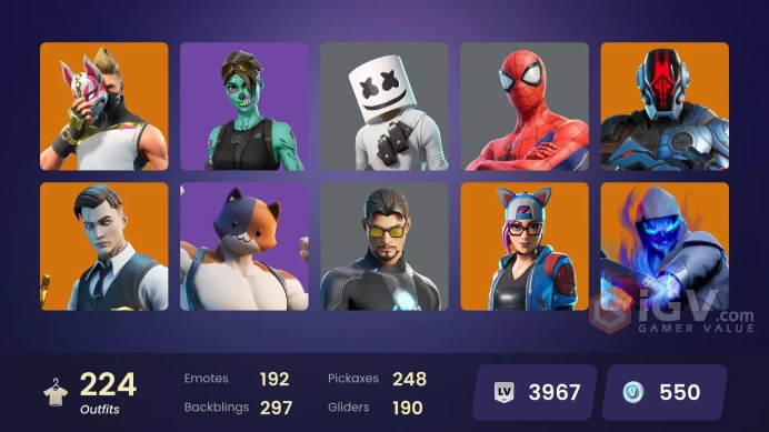 [PSN/PC/Xbox] 224 skins | Leviathan Axe | Lara Croft | Drift | Calamity | Spider-Man | Geralt of Rivia | Gold Brutus | Gold Midas | 450 VB