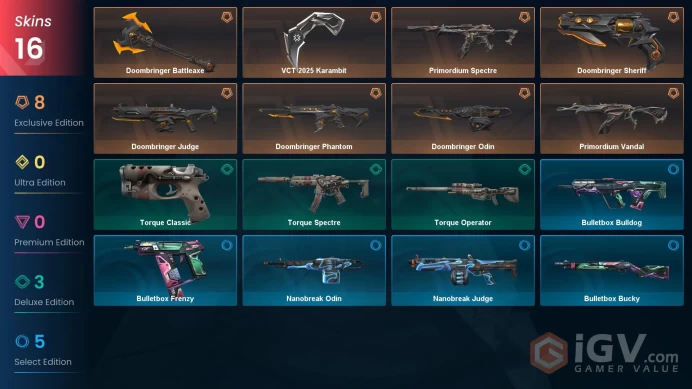 EU | 16 skins | VCT 2025 Karambit | Doombringer Battleaxe | Primordium Vandal | Doombringer Phantom | Primordium Spectre | Z1228