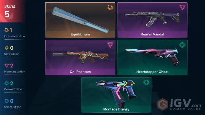 AP | 5 skins | Reaver Vandal | Equilibrium | Oni Phantom | Montage Frenzy | Heartstopper Ghost | V6231