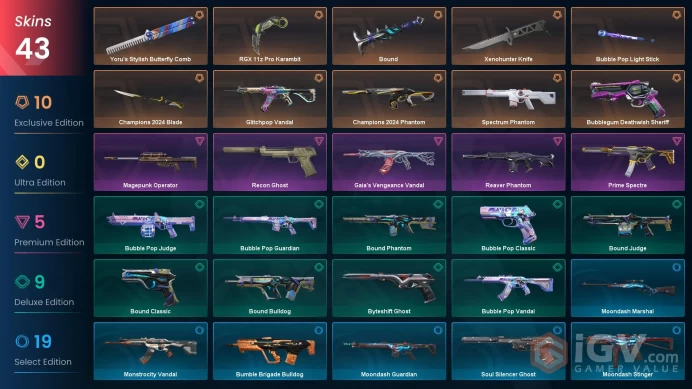EU | 43 skins | Champions 2024 Blade | RGX 11z Pro Karambit | Champions 2024 Phantom | Xenohunter Knife | Yoru's Stylish Butterfly Comb | C6647