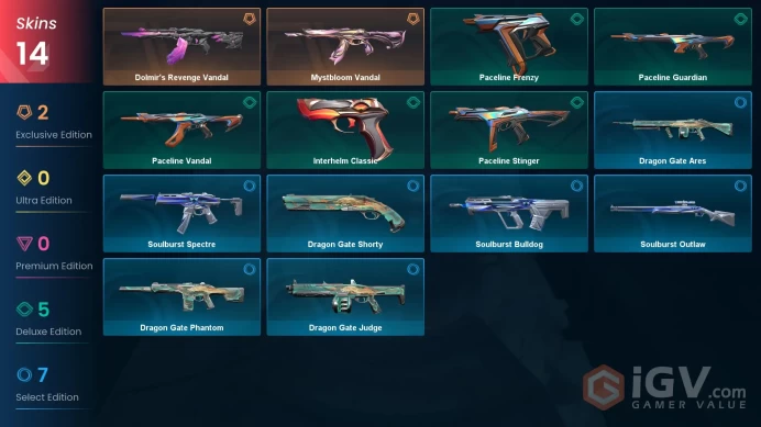 EU | 13 skins | Dolmir's Revenge Vandal | Mystbloom Vandal | Paceline Guardian | Paceline Vandal | Paceline Frenzy | Interhelm Classic | Q8693