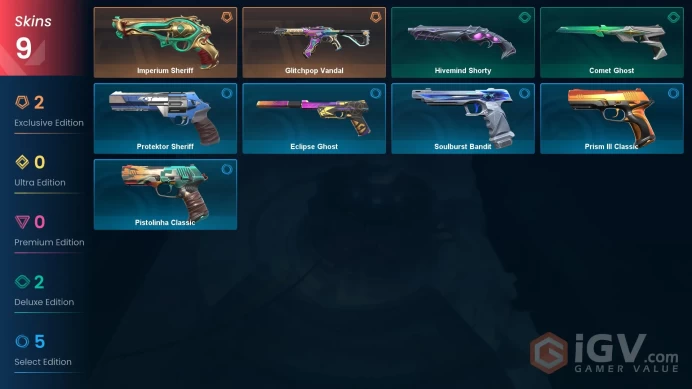 EU | 9 skins | Glitchpop Vandal | Imperium Sheriff | Comet Ghost | Hivemind Shorty | Soulburst Bandit | Pistolinha Classic | P8165
