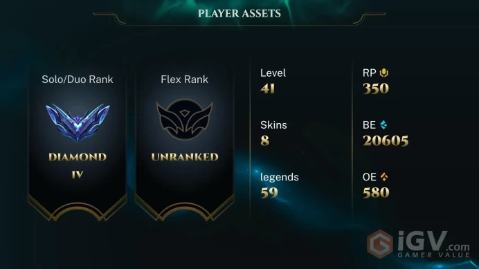 EUW / DIAMOND 4 - %56WR - 59 Champ - 8 Perfect Skins(3 Epic) -20.6K BE - 350RP - HONOR 4 - UNVERIFIED MAIL - FULL ACCES - CHEAP