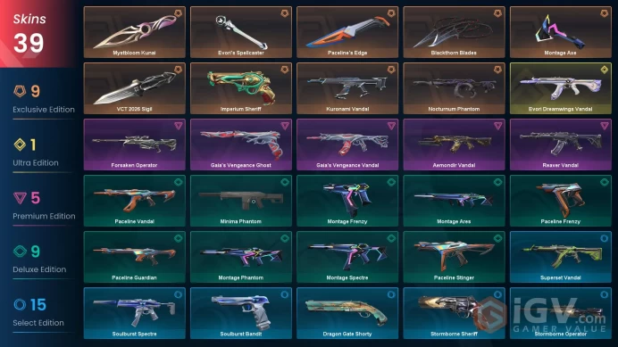 EU [ 39 TOP SKINS + 6 KNIFE ] VCT 2026 Sigil + Mystbloom Kunai + Blackthorn Blades + Evori Vandal + Nocturnum Phantom / full acces