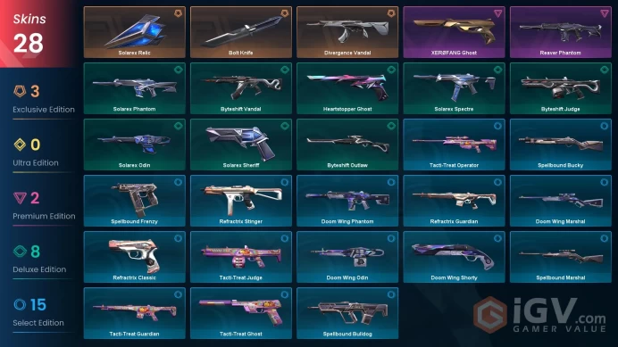 [EU] 28 SKINS | 2 Knifes | Divergence Vandal | Solarex Relic | Bolt Knife | XERØFANG Ghost | Reaver Phantom ~ 10,075 VP Inventory value