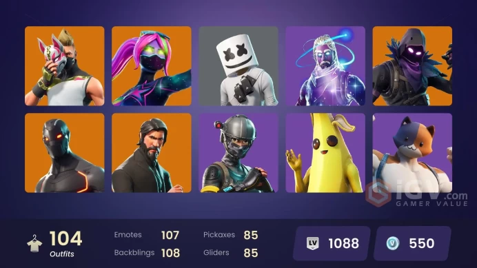 104 skins | OG STW | Galaxy | The Reaper | Elite Agent | The Prisoner | Valor | Galaxia | Fade | Fusion | Gear Specialist Maya | Zenith | Vi | 5