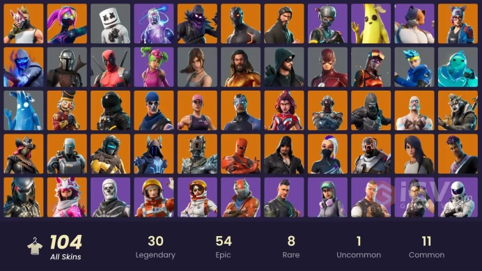 104 skins | OG STW | Galaxy | The Reaper | Elite Agent | The Prisoner | Valor | Galaxia | Fade | Fusion | Gear Specialist Maya | Zenith | Vi | 5