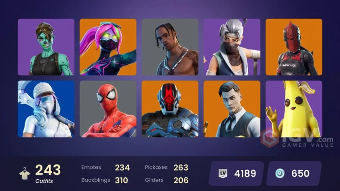 243 skins | Travis Scott | Astro Jack | Leviathan Axe | Gold Midas | Gold Brutus | Renee | Cloud Striker | World Warrior | Snake Eyes | Andre |
