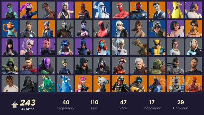 243 skins | Travis Scott | Astro Jack | Leviathan Axe | Gold Midas | Gold Brutus | Renee | Cloud Striker | World Warrior | Snake Eyes | Andre |