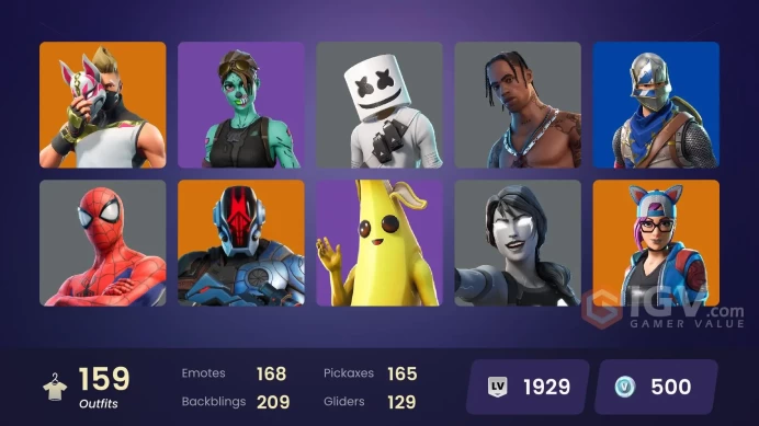 159 skins | Blue Squire | Royale Knight | Travis Scott | Prodigy | Blue Striker | Blitz | Merry Mint Axe | Zenith | Zeus | Drift | 500 V