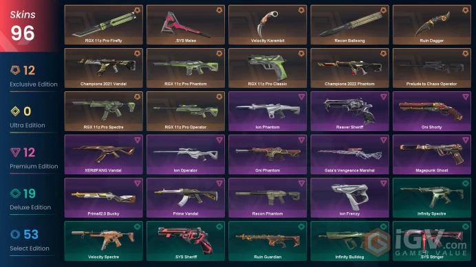 SEA-AP | Champions 2021 Vandal | RGX Bundle | Champions 2022 Phantom | Ruin Dagger | Prelude to Chaos Operator | 96 Skins | Level 413 | Full Acc