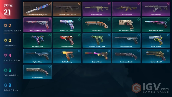 EU [ 21 TOP SKINS + 1 KNIFE ] Yoru's Stylish Butterfly Comb + Prelude to Chaos Vandal + Recon Phantom + Reaver Vandal / full acces
