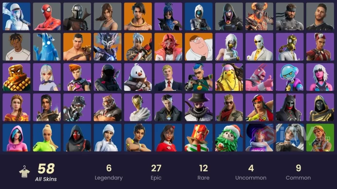 | PC/PSN | 58 SKINS | Ronin | Raz | Valeria | Peter Griffin | Spire Assassin | Mandalorian | Menace | Snowmando | Mancake | 300 VBUCKS | Fl2AI |