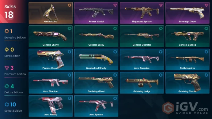 | AP | 1 KNIFE | 18 SKINS | VALUE: 5325 VP | Genesis Arc | Sovereign Ghost | RANKED READY | 90 LEVEL | INSTANT DELIVERY | FULL ACCESS | FkbfA |