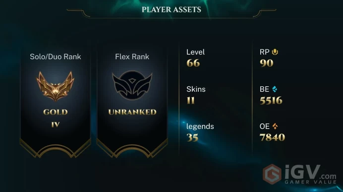EUW -(S16) GOLD 4(60LP) %100WR - 35 Champ - 11 Good Skins(5 Epic) - 5.5K BE - S8 ACC - FULL ACCES - CHEAP