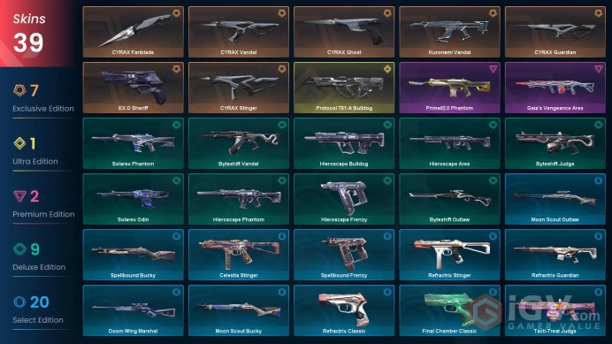 EU [ 39 TOP SKINS + 1 KNIFE ] CYRAX Fanblade + Kuronami Vandal + Protocol 781-A Bulldog + CYRAX Vandal / full acces
