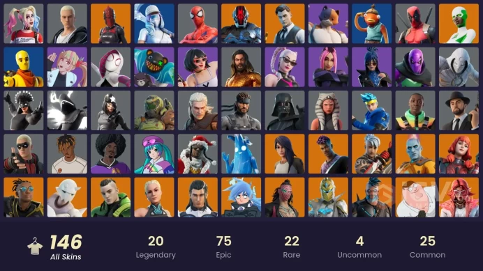 (PC PSN XBOX) 146 skins | Gold Brutus | Gold Midas | FNCS 3:1 Champion | Red Knight | Twyn | Ronin | Peter Griffin | The Foundation | Malik | Sn