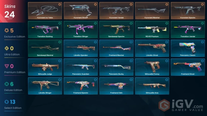EU / 24 Skins / Kuronami Vandal + Spectre + Marshal + Sheriff / Kuronami no Yaiba / Transition Vandal / V100 