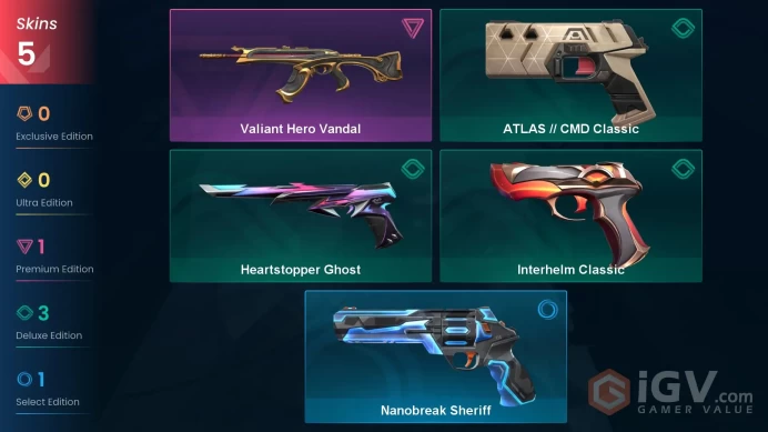 | EU | 5 SKINS | VALUE: 1775 VP | Valiant Hero Vandal | Interhelm Classic | RANKED READY | 132 LEVEL | INSTANT DELIVERY | FULL ACCESS | FlptV |