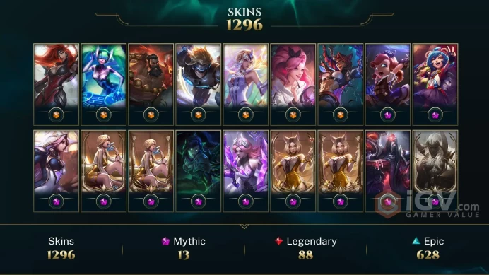 NA | 1296 Skins | 170 Champions | Level 721 | 49722 BE | Program Camille | High Noon Talon | Battle Bat Vayne | K/DA ...