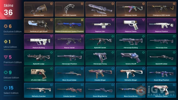 EU Level 96 36 Skins 28 Agents Champions 2025 Vandal Glitchpop Vandal VCT 2025 Karambit Neptune Bulldog Neptune Bulld...