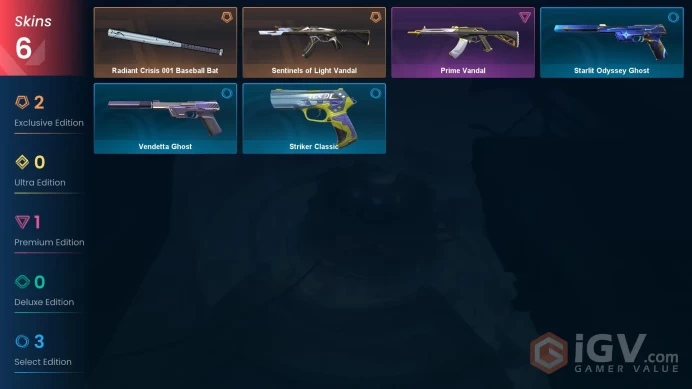 EU Level 56 6 Skins 13 Agents Prime Vandal Sentinels of Light Vandal Radiant Crisis 001 Baseball Bat Prime Vandal Pri...