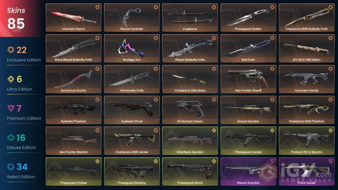 VALORANT EU WEST SERVER 85 SKİNS(+13 KNİFE,  PHASEGUARD + CHAMPİONS 2024+2025 + AYAKASHİ PACKED,   )AUTO DELIVERY FULL ACCESS-LIFETIME WARRANT