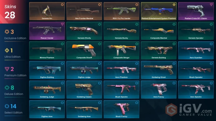 EU / 28 Skins / RGX 11z Pro Vandal / Reaver Vandal / Genesis Arc / Aero Phantom / V102