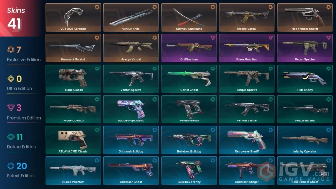 NA 41 skins | VCT 2025 Karambit | Onimaru Kunitsuna | Arcane Vandal | Kuronami Marshal | Neo Frontier Sheriff | Araxys Vandal | Oni Phantom | Re
