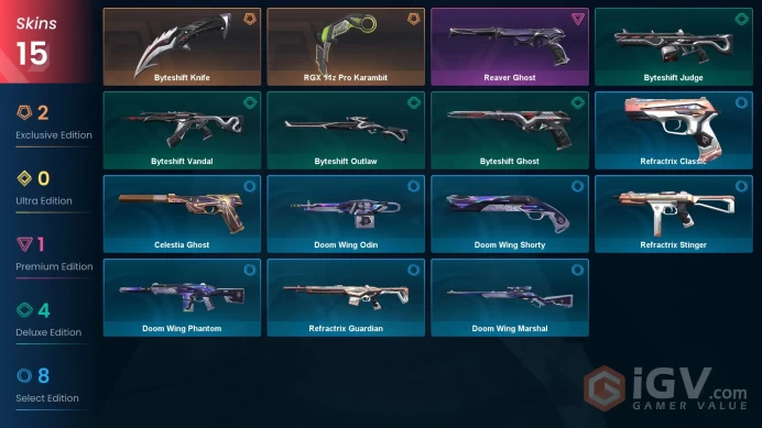 [EU] 15 SKINS 2 KNIFES | Byteshift Knife | RGX 11z Pro Karambit | Reaver Ghost ~ 6,125 VP Inventory value