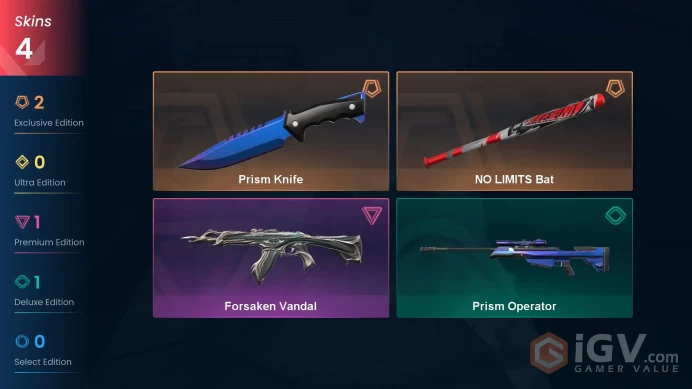 [EU] 4 SKINS | 2 KNIFES | NO LIMITS Bat | Prism Knife | Forsaken Vandal | ~ 8,150 VP Inventory value