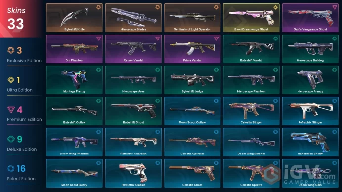 EU 33 skins | Byteshift Knife | Prime Vandal | Reaver Vandal | Hieroscape Blades | Evori Dreamwings Ghost | Sentinels of Light Operator | V0484