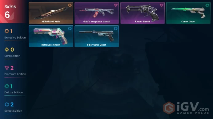 [NA] 6 SKINS | 1 KNIVES |"XER￘FANG Knife  Reaver Sheriff  Gaia's Vengeance Vandal  Fiber Optic Ghost  Comet Ghost   Retrowave Sheriff  "
