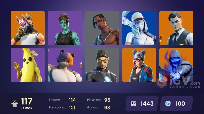 [PC/PSN/XBOX/Nintendo]   117 skins F/A :  Travis Scott | Gold Midas | Gold Brutus | Point Patroller | Cloud Striker | Fixer | Trilogy | Tart Tyc