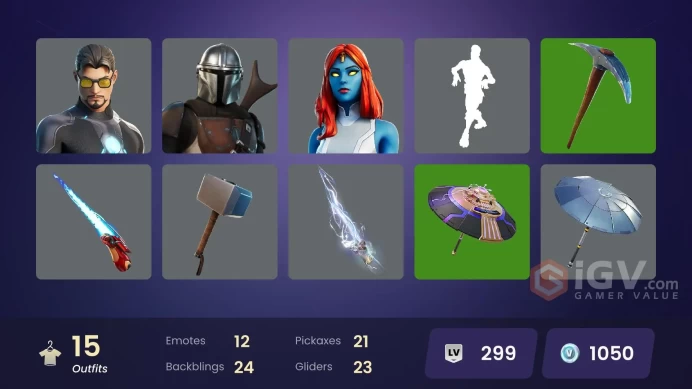 | PC/PSN/XBOX | 15 SKINS | Predator | Mandalorian | Tony Stark | Groot | Reese | Doctor Doom | Wolverine | Thor | Mave | 1050 VBUCKS | FjDzF |