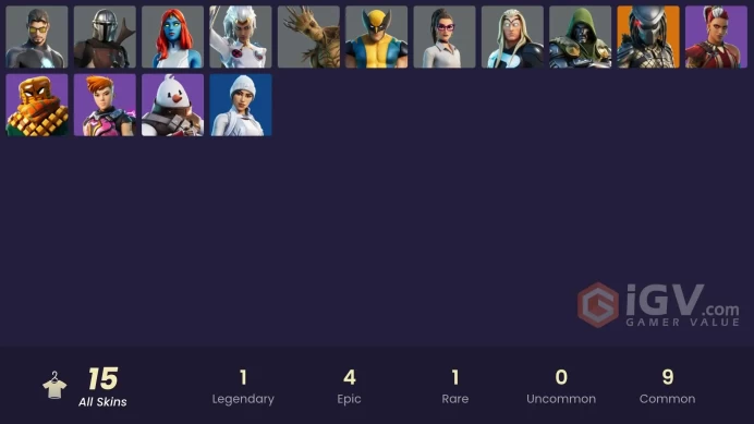 | PC/PSN/XBOX | 15 SKINS | Predator | Mandalorian | Tony Stark | Groot | Reese | Doctor Doom | Wolverine | Thor | Mave | 1050 VBUCKS | FjDzF |