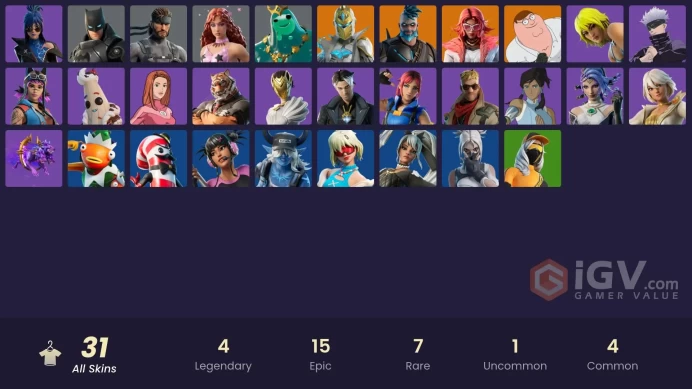 | PC/PSN/XBOX | 31 SKINS | Peter Griffin | Valeria | Spectra Knight | Omegarok | Hope | Montague | Satoru Gojo | Nisha | 0 VBUCKS | Fmm7w |