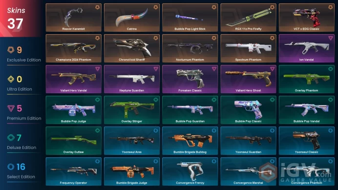 NA/USA 34165 VP Spent Champions 2024 Phantom VCT x EDG Classic Nocturnum Phantom Ion Vandal Neptune Guardian Spectrum Phantom Reaver Karambit Ch