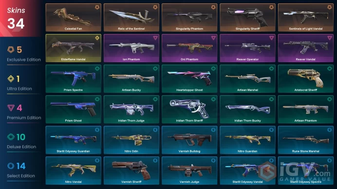 EU Level 91 34 Skins 28 Agents Singularity Sheriff Oni Phantom Singularity Sheriff Sentinels of Light Vandal Reaver O...