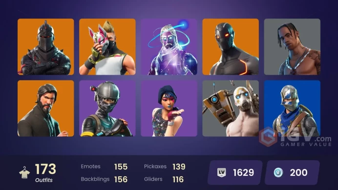FA / 148 SKINS / BLACK KNIGHT / GALAXY / TRAVIS SCOTT / SPARKLE SPECIALIST / THE REAPER / BLUE SQUIRE / ROYALE KNIGHT / ELITE AGENT / OG STW